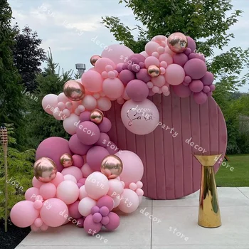 Хромирани Розово-златни Латексови Балони 124 бр. Метални Розово-Розови Двуслойни Балони Арка Венец Комплект Сватба, Рожден Ден, Парти Globos